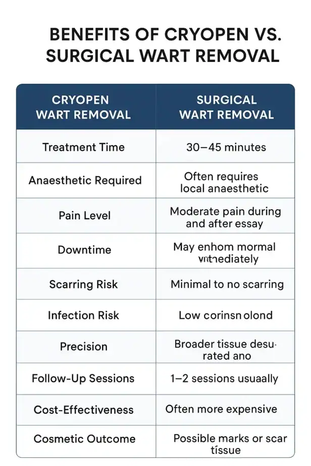 Table showing the benefits of cryopen to remove warts Lowestoft compared to surgical treatment